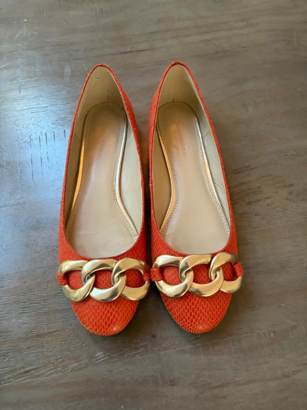 Banana Republic orange, croc embossed ballet flats.